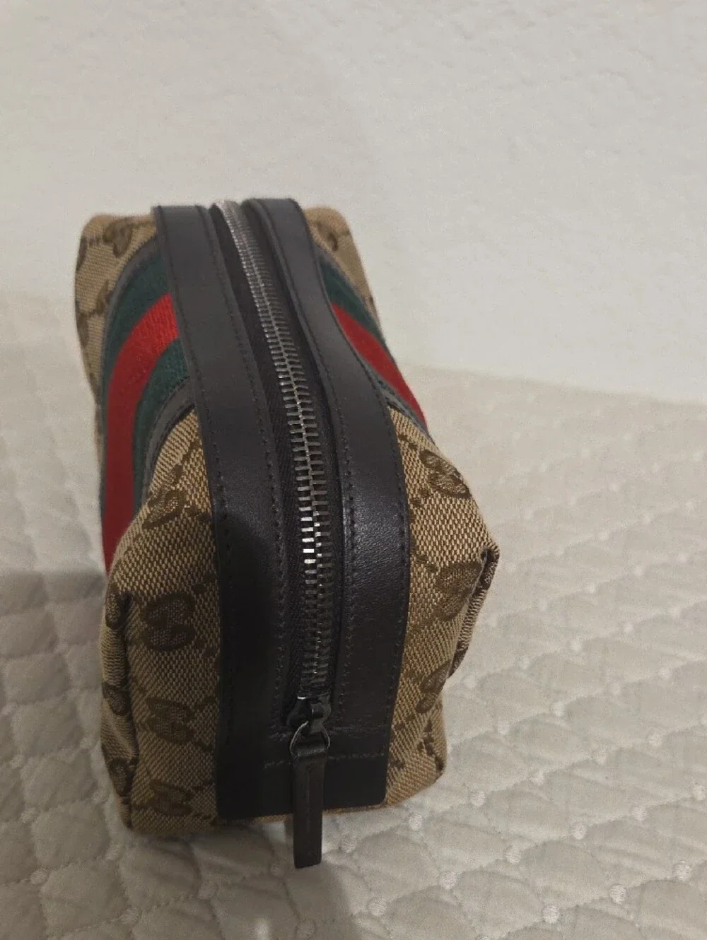 Gucci Beige Monogram Toiletry Bag with Red & Green Web Stripe